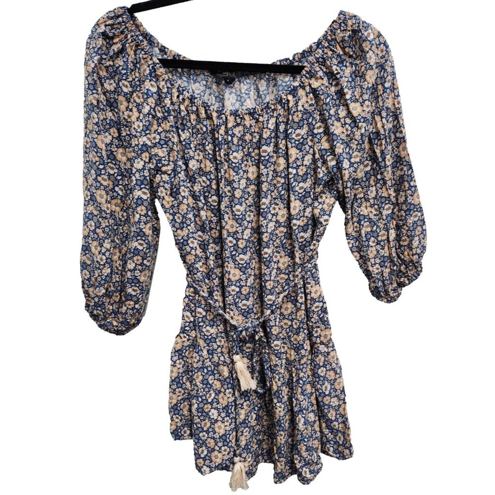 Rachel Zoe Womens BOHO Tunic Top Medium Blue Yellow Floral Tassel Belt Festival